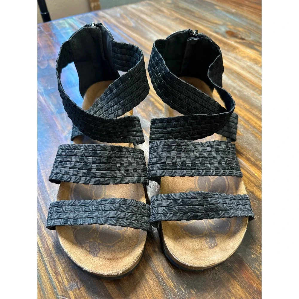Muk Luks Womens Black Woven Multi Strap Wedge Cork Sandals Back Zip Size 10 8826